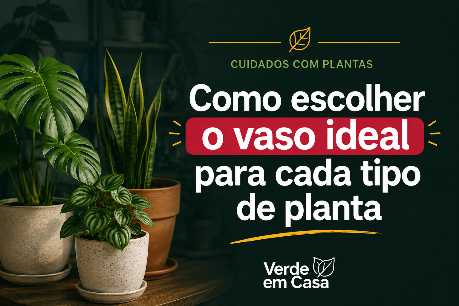Vasos de diferentes tamanhos e materiais com plantas de interior sobre uma bancada de madeira